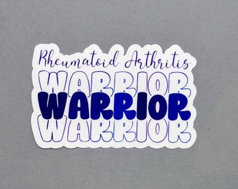 May include: A white sticker with the text "Rheumatoid Arthritis Warrior" in blue and purple gradient lettering. The word "Warrior" is repeated three times, with each repetition slightly smaller than the one above it.