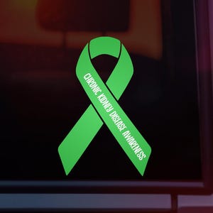 May include: A green ribbon with the text "CHRONIC KIDNEY DISEASE AWARENESS" in white. The ribbon is a symbol of support and awareness for chronic kidney disease. The image is set against a dark background.