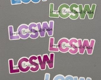 May include: A collection of colorful stickers with the text "LCSW Licensed Clinical Social Worker." The stickers feature a variety of color schemes, including blue, green, purple, pink, and magenta, with a white border and a gray background.