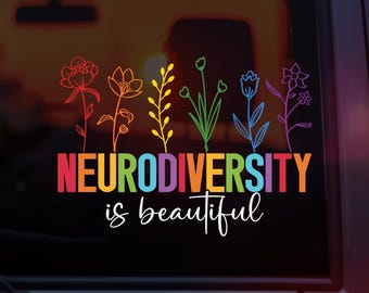 Pode incluir: Um autocolante multicolorido com uma fila de seis flores desenhadas a traço em vermelho, laranja, amarelo, verde, azul e roxo. Abaixo das flores, o texto diz NEURODIVERSITY em letras maiúsculas negrito multicoloridas e is beautiful em escrita branca.