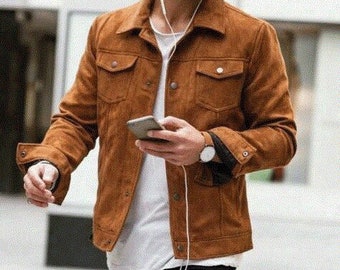 Men's Western suede Tan Brown Denim Style Trucker Jacket