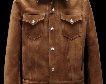 Men's Western suede Tan Brown Denim Style Trucker Jacket