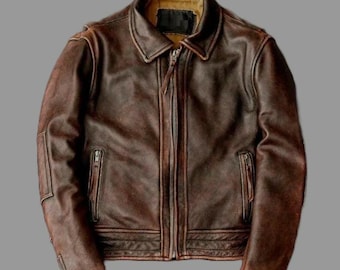 Handgefertigte Distressed Brown Rindsleder Leder Motorradjacke für Herren