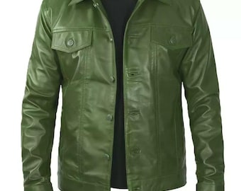 Jaqueta masculina estilo caminhão de couro jeans verde ocidental