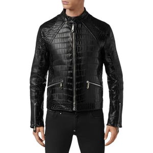 Blouson motard en cuir de crocodile pour homme
