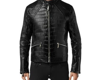 Leren bikerjack met krokodillenleer voor heren