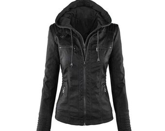 Women Leather Jacket Genuine Lambskin Biker Moto Removable Hooded Leather Jacket/ sweatshirt