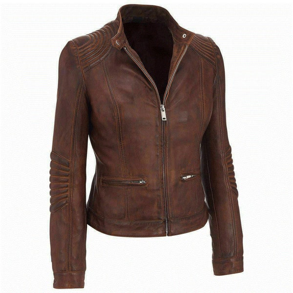 Women's Café Racer Moto Biker Distressed Brown Vintage Designer Leather Jacket