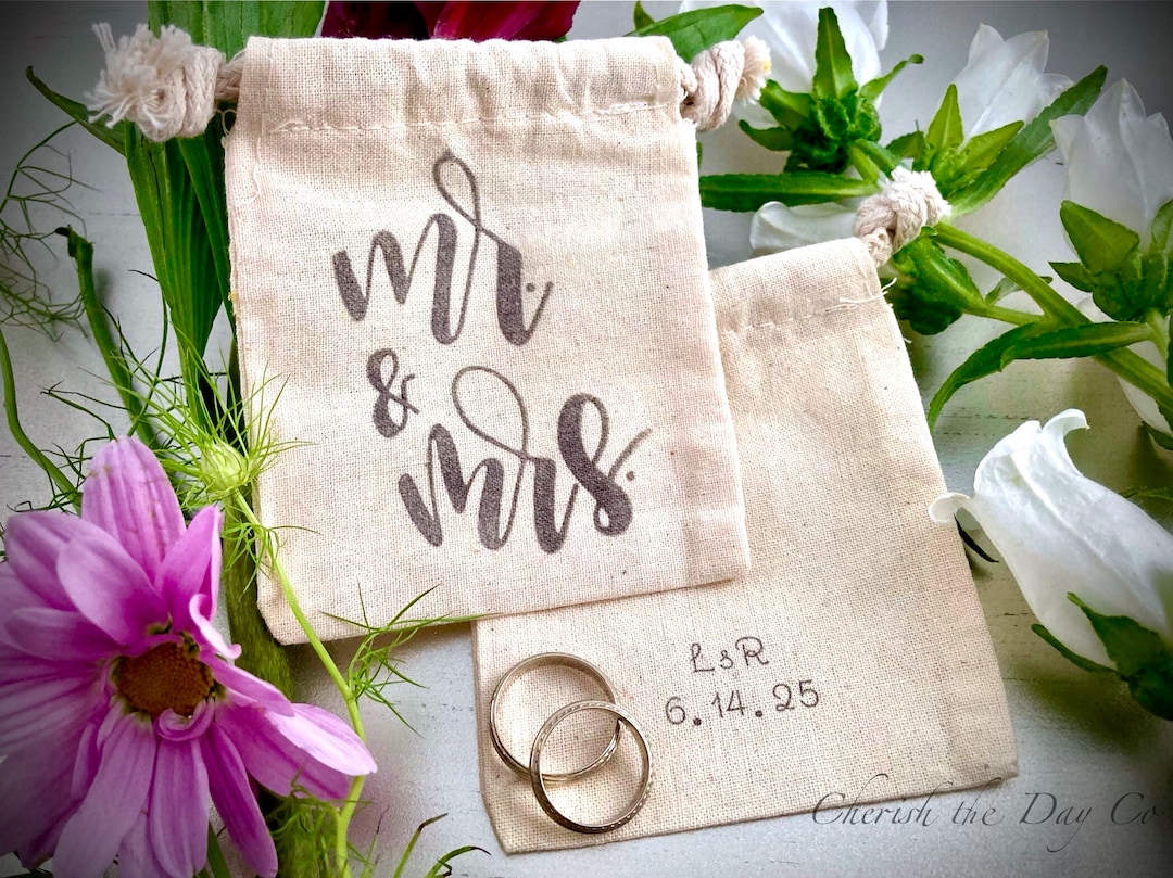 Personalized Muslin Wedding Ring Bag Rustic Ring Bearer Pillow