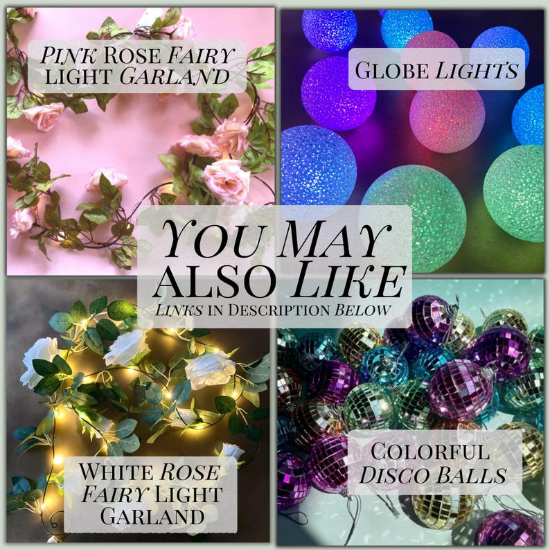 Op de afbeelding: Een collage met vier verschillende decoratieve items: een roze rozen lichtsnoer, een set gloeiende veelkleurige lichtbollen, een wit rozen lichtsnoer met warme verlichting en een verzameling kleurrijke discoballen.