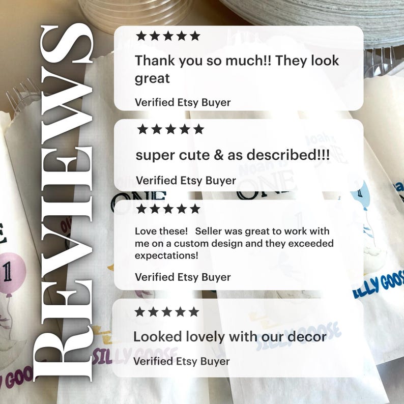 Op de afbeelding: Een verticale grafische overlay met het woord REVIEWS in grote witte hoofdletters aan de linkerkant. Vier witte rechthoekige vakken tonen vijfsterrenbeoordelingen en feedback van geverifieerde Etsy-kopers over gepersonaliseerde feestzakjes.