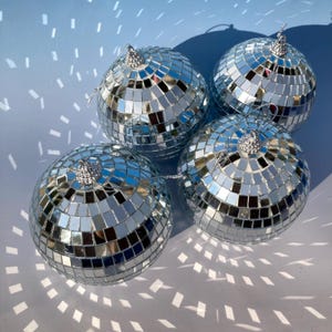 4 Inch Mini Disco Ball 4 Pack Gift for Her Car Mirror Charm Room Decor Funky Home Accent Unique Party Favor Groovy Shelf or Desk Decoration