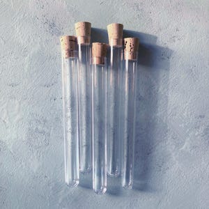 May include: Five clear glass test tubes arranged vertically, each topped with a light brown cylindrical cork stopper. The tubes are transparent, cylindrical, and hollow, featuring smooth glass surfaces and flat, rounded bottoms for stability.