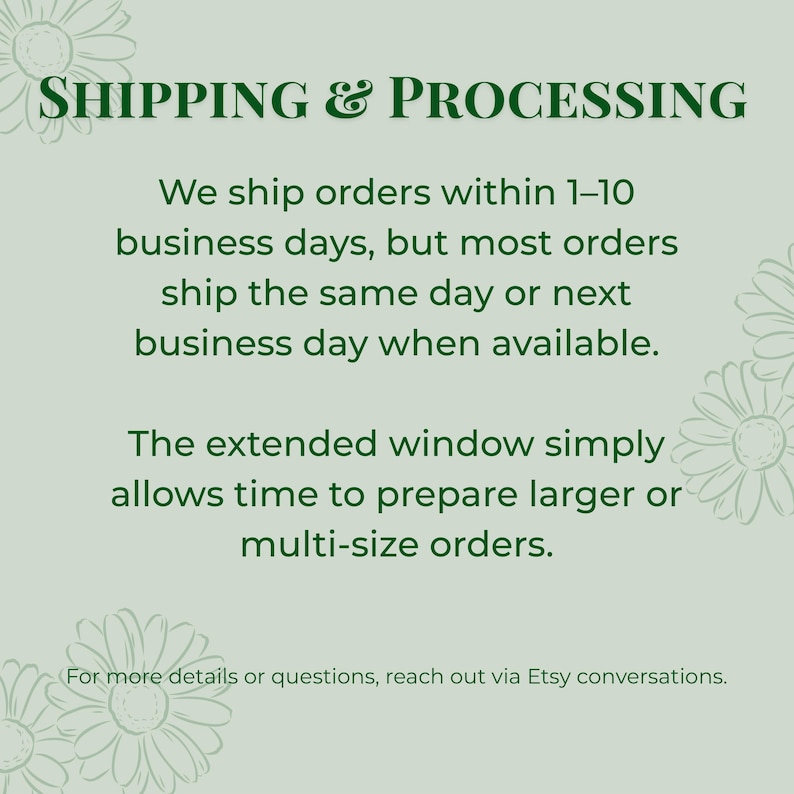 Op de afbeelding: Een lichtgroene informatieve afbeelding met donkergroene tekst die luidt: SHIPPING & PROCESSING. We ship orders within 1-10 business days, but most orders ship the same day or next business day when available. The extended window simply allows time to prepare larger or multi-size orders. For more details or questions, reach out via Etsy conversations. Het ontwerp bevat lijntekeningen van bloemen in de hoeken.
