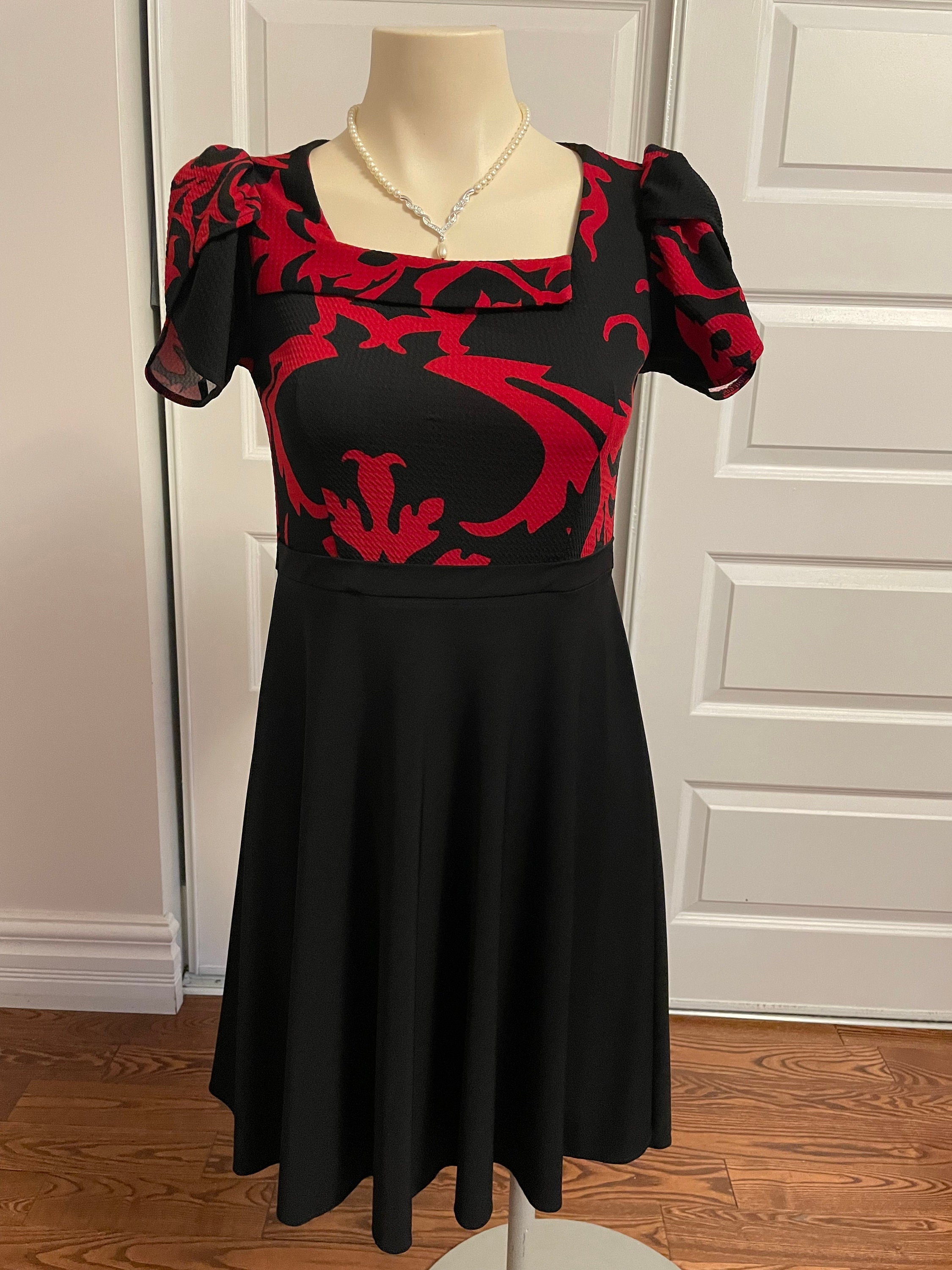 Red Floral Style Pattern Black Dress Etsy Canada