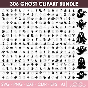 May include: A collection of 306 ghost clipart images in various shapes and styles. The black and white illustrations include ghosts with different expressions and poses. The text "306 GHOST CLIPART BUNDLE" is at the top.