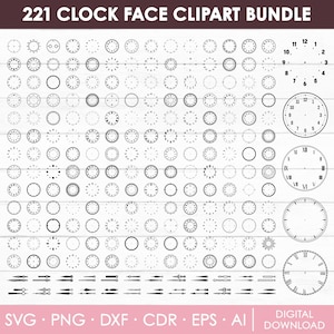 Puede incluir: Una descarga digital de 221 imágenes de clipart de esferas de reloj en blanco y negro. El clipart incluye varios diseños de esferas de reloj, incluyendo números romanos, números arábigos y estilos minimalistas. La descarga también incluye manecillas de reloj en varios estilos.