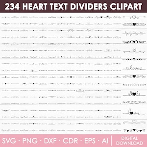 May include: A digital download graphic featuring 234 heart text dividers in black. The dividers include various designs with hearts, arrows, and decorative elements. The image also includes file type information: SVG, PNG, DXF, CDR, EPS, and AI.