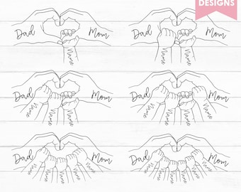 May include: A digital design bundle in black and white, showcasing six different designs of hands creating a heart shape. Each design includes the words "Dad," "Mom," and space for a name. The text "FAMILY HANDS HEART BUNDLE" is at the top.