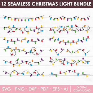 May include: A digital graphic bundle with 12 seamless Christmas light designs. Each design features colourful, stylised light bulbs strung along black wires. The lights are in various arrangements, including straight lines and looping patterns. The bottom of the image includes the text "SVG PNG DXF PDF EPS AI DIGITAL DOWNLOAD."
