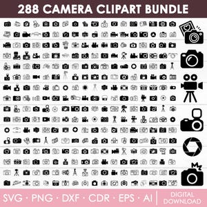 May include: A digital download graphic bundle featuring 288 camera clipart designs in black and white. The collection includes various camera styles, video cameras, and related icons. The text "288 CAMERA CLIPART BUNDLE" is at the top, with file type information at the bottom.