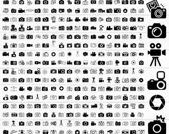 May include: A digital download graphic bundle featuring 288 camera clipart designs in black and white. The collection includes various camera styles, video cameras, and related icons. The text "288 CAMERA CLIPART BUNDLE" is at the top, with file type information at the bottom.