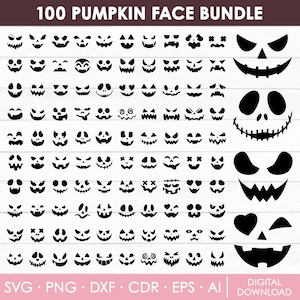 以下が含まれることがあります： ハロウィーン用の100個の黒いカボチャの顔のデザインのコレクション。顔には、笑顔や怒りなど、さまざまな表情があります。「100 PUMPKIN FACE BUNDLE」というテキストが上部にあります。画像には、SVG、PNG、DXF、CDR、EPS、AIなどのファイルタイプのオプションも含まれています。