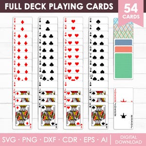 May include: A full deck of 54 playing cards featuring four columns of suits including diamonds, clubs, hearts, and spades, ranging from two through ten, ace, jack, queen, and king, plus jokers and four distinct card back designs with text.