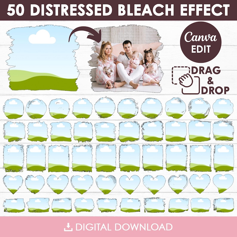 K&ouml;nnte beinhalten: Ein Bild mit 50 Designs mit Distressed-Bleich-Effekt. Die Designs umfassen verschiedene Formen wie Kreise, Quadrate und Herzen, jeweils mit einer Himmel- und Graslandschaft. Der Text lautet "50 DISTRESSED BLEACH EFFECT", "Canva EDIT" und "DRAG & DROP". Ein Symbol f&uuml;r den digitalen Download ist ebenfalls vorhanden.