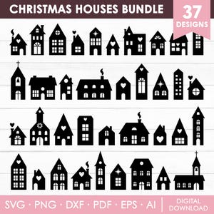 Può includere: Un set di 37 file di taglio SVG di silhouette di case di Natale in bianco e nero. Le case sono in vari stili, tra cui tradizionale, moderno e stravagante. Il testo "CHRISTMAS HOUSES BUNDLE" e "37 DESIGNS" è nella parte superiore dell'immagine.