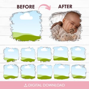 K&ouml;nnte beinhalten: Digitaler Download-Grafik, die eine Vorher-Nachher-Foto-Transformation zeigt. Das "Vorher"-Bild ist eine Landschaftsszene mit blauem Himmel, wei&szlig;er Wolke und gr&uuml;nen H&uuml;geln. Das "Nachher"-Bild zeigt ein schlafendes Baby. Der untere Teil des Bildes enth&auml;lt den Text "DIGITALER DOWNLOAD".