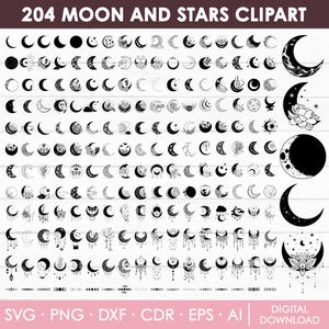 Maan en sterren Svg bundel, maan Svg, wassende maan Svg, bloemen maan Svg, maan Clipart, maan silhouet, nachtelijke hemel Svg, png, Instant Download