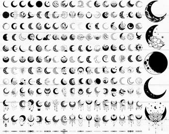 May include: A digital clipart set of 204 black and white moon and star illustrations. The set includes various moon phases, stars, and celestial designs.