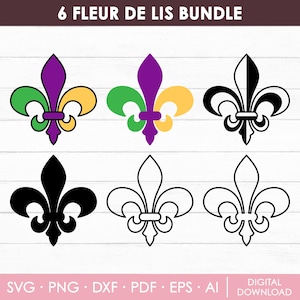 Fleur de lys Svg, Svg fleur de lys, Svg mardi gras, Svg de la Nouvelle-Orléans, solide et contour, des cliparts, couper des fichiers pour Cricut, Png, téléchargement immédiat