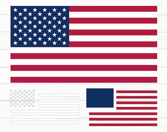 May include: A layered USA flag design in red, white, and blue. The image includes a full flag and several component versions for digital use. Text at the top reads "LAYERED USA FLAG". The bottom text includes "SVG, PNG, DXF, PDF, EPS, AI, DIGITAL DOWNLOAD".