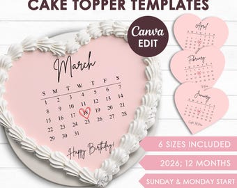 Modèle de calendrier 2026 Burn Away, flocon coeur personnalisé, calendrier imprimable, gâteau d'anniversaire, imprimable, toile éditable