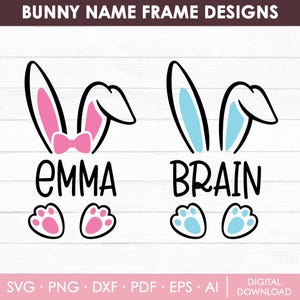 Nom de lapin cadre Svg, petite fille + bébé garçon, Svg de lapin de Pâques, Split nom Pâques Svg, Svg monogramme Pâques, nom personnalisé Svg, téléchargement immédiat