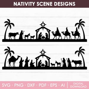 May include: Black silhouette designs of Nativity scenes. The top design features a cow, figures, a donkey, a stable with a star, and three figures on camels. The bottom design has a camel, figures, a stable, a donkey, a cow, and palm trees. Text: Nativity Scene Designs.