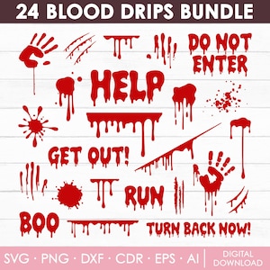 Pode incluir: Um pacote digital de 24 gráficos de gotas de sangue vermelhas com impressões de mãos, marcas de garras, respingos e texto incluindo DO NOT ENTER, HELP, GET OUT, RUN, BOO e TURN BACK NOW. A coleção é apresentada como ilustrações vetoriais.