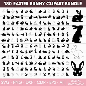 May include: A digital clipart bundle of 180 black and white Easter bunny silhouettes in various poses, including sitting, standing, hopping, and lying down. The clipart is perfect for creating Easter crafts, cards, and decorations.