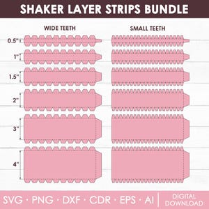 Puede incluir: Una descarga digital de tiras de capas de agitador en varios tamaños, con dientes anchos y pequeños. Las tiras son de color rosa y tienen contornos negros. Los tamaños son 0,5 pulgadas, 1 pulgada, 1,5 pulgadas, 2 pulgadas, 3 pulgadas y 4 pulgadas.