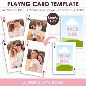 May include: Playing card template with a 54-card deck, 2.5" x 3.5" size. The image shows playing cards with photos of a couple. The front and back sides of the cards are displayed. The text "Canva EDIT" and "DIGITAL DOWNLOAD" are also visible.