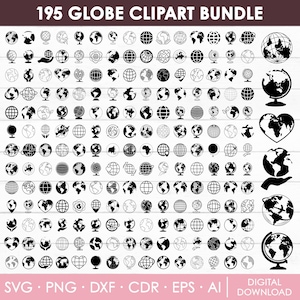 May include: A collection of 195 globe clipart images in black and white. The images include various globe designs, some with stands, some with heart shapes, and some with hands holding the globe. The text "195 GLOBE CLIPART BUNDLE" is at the top.