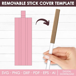 Może przedstawiać: Różowy szablon zdejmowanej osłony na patyk z przerywanymi liniami do składania. Ręka pokazuje nakładanie brązowej osłony na patyk. U góry znajduje się napis "REMOVABLE STICK COVER TEMPLATE". Ikony typów plików poniżej.