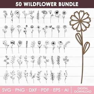 50 Wildflower Svg Bundle, Floral Svg, Minimalistyczny Bukiet Svg, Kwiat Narodzin Svg, Clipart Wildflower, Floral Svg Bundle, Szkic Kwiatu Svg