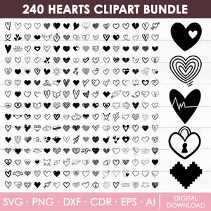 May include: A digital download of 240 black and white heart clip art images. The hearts are in various styles, including simple, ornate, and whimsical. The text "240 HEARTS CLIPART BUNDLE" is at the top of the image. The text "SVG.PNG.DXF.CDR.EPS.AI" is at the bottom of the image. The text "DIGITAL DOWNLOAD" is at the bottom right of the image.