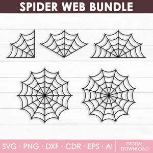 May include: A digital graphic set titled SPIDER WEB BUNDLE featuring five black spider web illustrations. The collection includes three partial web designs and two full circular webs. The bottom text lists file formats SVG, PNG, DXF, CDR, EPS, AI.