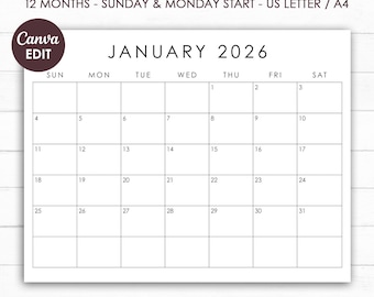 2026 Calendar Planner Template, Monthly Planner Pages, Monthly Calendar, US Letter, A4, Monday & Sunday Start, Printable, Canva Editable
