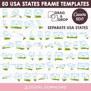 Puede incluir: Un gr&aacute;fico de descarga digital con 50 plantillas de marcos de estados de EE. UU. Cada estado est&aacute; delineado en azul claro con un paisaje verde en la parte inferior. El texto incluye "50 USA STATES FRAME TEMPLATES" y "DIGITAL DOWNLOAD".