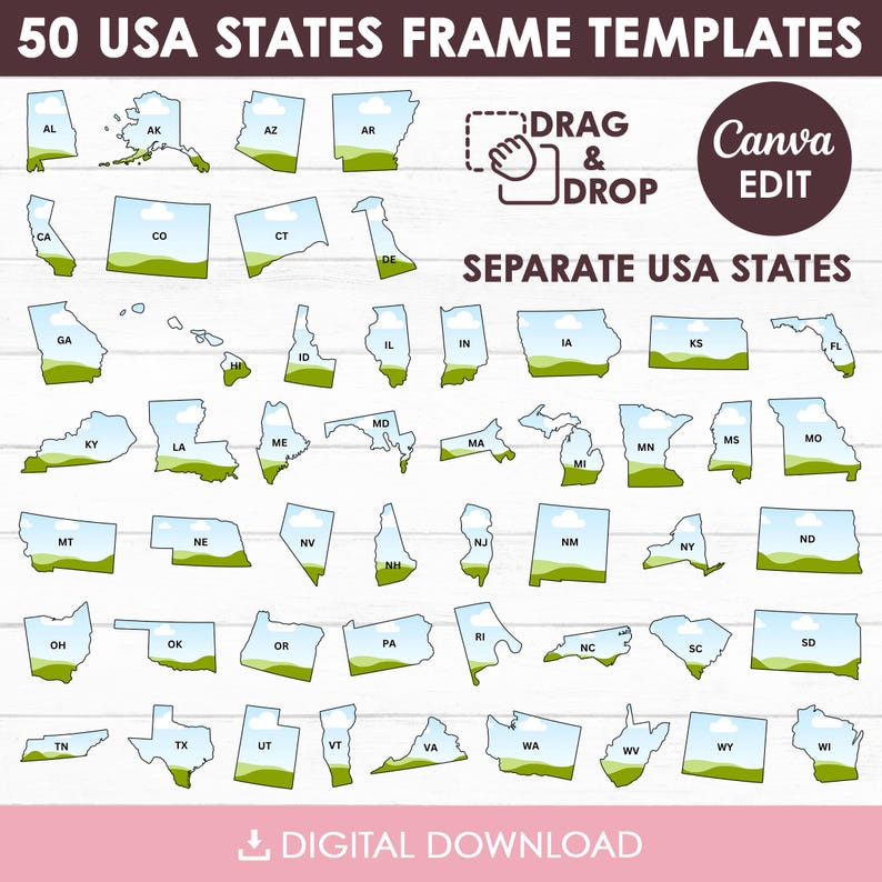 Puede incluir: Un gr&aacute;fico de descarga digital con 50 plantillas de marcos de estados de EE. UU. Cada estado est&aacute; delineado en azul claro con un paisaje verde en la parte inferior. El texto incluye "50 USA STATES FRAME TEMPLATES" y "DIGITAL DOWNLOAD".